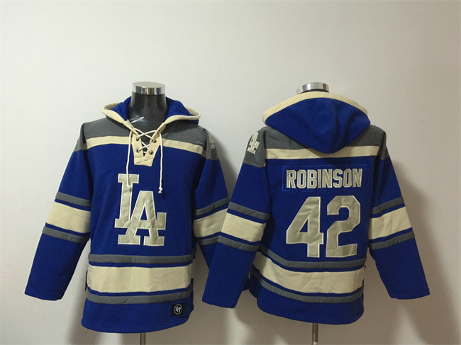 Men's Blue Los Angeles Dodgers #42 Jackie Robinson Ageless Must-Have Lace-Up Pullover Hoodie
